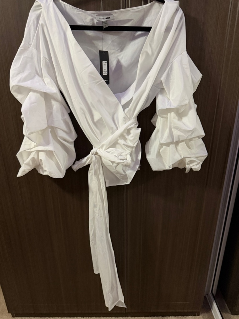 Fashion Nova White Puff Sleeve Wrap Top with Tie - Picture 6 of 7